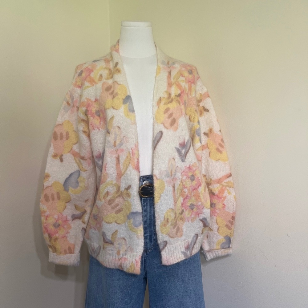 Bartolini Italy Floral Mohair Alpaca Blend Cardigan Sweater Pastel Pink Yellow L